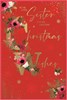 Sister Christmas Card - Red with Pink White Flowers and Gold Foil 9x6"