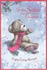 Sister Christmas Card - Bear in Pink Scarf with Holly & Snowflakes Red Foil 9x6"