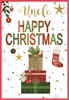 Uncle Christmas Card - Red Green and Gold Stacked Presents with Foil 7.5x5.25"