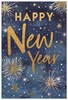 Happy New Year Greetings Card - Blue with Gold Foil Writing & Stars 7.5x5.25"