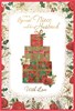 Niece & Husband Christmas Card - Stacked Gifts Flower Border Gold Foil 7.5x5.25"