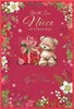 Niece Christmas Card - Bear Sat by Gift Box Flower Border & Gold Foil 7.5x5.25"