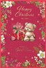 Open Christmas Card - Bear Sat by Gift Box Flower Border & Gold Foil 7.5x5.25"