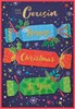 Special Cousin Christmas Card - Blue Red Green Crackers with Gold Foil 7.5x5.25"