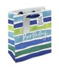 Medium Male Happy Birthday Gift Bag - Blue Green White Stripe Silver Foil 10x8.5