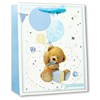 Medium Birth of Baby Boy Gift Bag - Blue White Brown Bear Silver Foil 10x8.5"