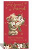 Friend Christmas Card - Bear with Red White Flowers Ribbon & Gold Foil 9x4.75"