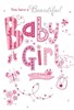 Birth of New Baby Girl Card - Pink Letters Flowers Butterflies Foil 7.75x5.25"