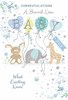 Birth of New Baby Boy Card - Animals with Blue Green Balloons & Foil 7.75x5.25"