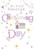 Girl Christening Day Card - Pink & Lilac Church Bunting & Flowers 7.75x5.25"