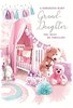 New Baby Granddaughter Card- Cot in Pink & Lilac Nursery Silver Foil 7.5x5.2"