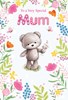 Mum Birthday Card - Bear with Bright Flower Border and Glitter 7.5x5.25"