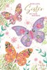 Sister Birthday Card - Pink Lilac Orange Floral Butterflies with Foil 7.75x5.25"