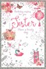 Sister Birthday Card - Pink Roses Lantern Butterflies & Foil Border 7.75x5.25"