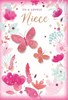 Niece Birthday Card - Pink Flowers and Butterflies with Gold Foil 7.75x5.25"