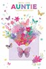 Auntie Birthday Card - Pink Lilac Green Butterflies Flowers Gold Foil 7.75x5.25"