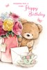 Open Female Birthday Card - Brown Bear Flowers in Jug and Tea Cup 7.75x5.25"