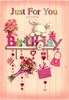 Open Female Birthday Card - Grey Rabbit, Flowers, Presents & Shelf 7.75" x 5.25"