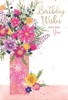 Open Female Birthday Card - Bright Flowers in Pink Vase with Gold Foil 7.75x5.25