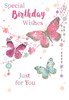 Open Female Birthday Card - Pink and Blue Butterflies and Flowers 7.75x5.25"