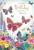 Open Female Birthday Card -Multicoloured Butterflies Flowers Gold Foil 7.75x5.25