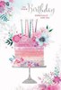 Open Female Birthday Card - Floral BIrthday Cake with Silver Foil 7.75x5.25"