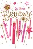 Open Female Birthday Card - Pink Candles Stars & Gold Glitter 7.75" x 5.25"