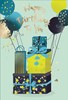 Open Male Birthday Card - Blue Yellow Presents Balloons and Gold Foil 7.75x5.25"