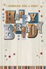 Open Male Birthday Card -Blue & Brown Writing With Gold Foil & Stars  7.75x5.25"