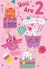 Age 2 Birthday Card - 2nd Birthday Girl Animals & Cupcake Silver Foil 7.75x5.25"