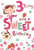 Age 3 Girl Birthday Card - Girl with Ice Cream Strawberries & Glitter 7.5x5.25"