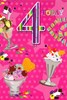 Age 4 Girl 4th Birthday Card - Ice Cream Sundaes Sweets Silver Foil 7.75x5.25"
