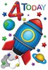 Age 4 Boy 4th Birthday Card - Blue & Red Rocket With Planets & Stars 7.75x5.25"