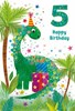 Age 5 Boy 5th Birthday Card - Green Dinosaur in Party Hat with Stars 7.75x5.25"