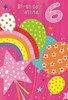 6th Birthday Card - Age 6 Pink with Rainbow Balloons Stars Silver Foil 7.75x5.25