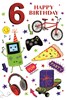 Age 6 Boy Birthday Card - Red Foil 6, Bike Pizza Headphones & Stars 7.75 x 5.25"