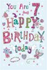 Age 7 Birthday Card - 7th Birthday Pink Green Blue Flowers Butterfly 7.75x5.25"
