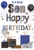 Son Birthday Card - Blue Grey Presents Balloons with Copper Foil 7.75x5.25"