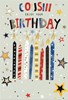 Cousin Birthday Card - Coloured Candles Writing Stars with Gold Foil 7.75x5.25"