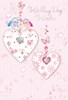 Wedding Day Card - Pink Blue Birds on Heart with Flowers Silver Foil 7.75x5.25"