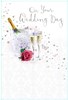 Wedding Day Greetings Card - Champagne Rose & Flutes with Foil 7.75" x 5.25"