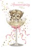 Open Wedding Anniversary Card - Bear in Champagne Glass with Glitter 7.75x5.25"