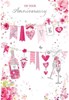 Open Wedding Anniversary Card - Love Bunting Pink Roses Silver Foil 7.75x5.25"