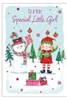 Special Little Girl Christmas Card - Snowman Elf and Robins Pink Foil 7.5x5.25"