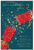 Niece & Partner Christmas Card - Green with Red Cracker and Gold Foil 9x6"