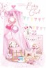 Birth of New Baby Girl Card - Pink Chair Rocking Horse Balloons Bunting 9x6"