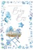 Birth of New Baby Boy Card - Blue Moses Basket Balloons Flower Heart Border 9x6"