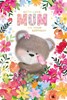 Mum Birthday Card - Bear with Bright Flowers Pink Butterfly & Gold Foil 9x6"