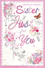 Sister Birthday Card - Flowers Butterfly & Silver Foil Detail  9" x 6"