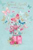 Special Friend Birthday Card - Pink Blue White Butterflies with Gold Foil 9x6"